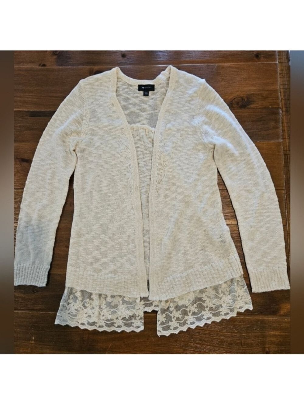 AB STUDIO WOMEN'S IVORY OPEN CARDIGAN FEATURING A DELICATE LACE TRIM SIZE LARGE